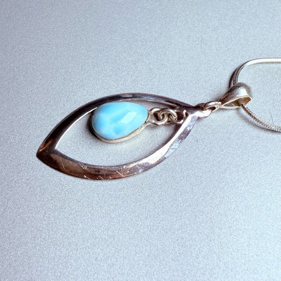 Larimar Floating Cabochon Tear Drop 925 Sterling Silver 1.75" Pendant Necklace - Picture 4 of 8
